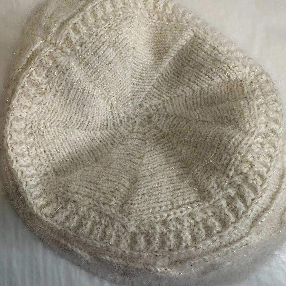 Nine West Rabbit Wool Blend Braided Knit Hat White Cream Gold Accents Winter - Picture 3 of 7
